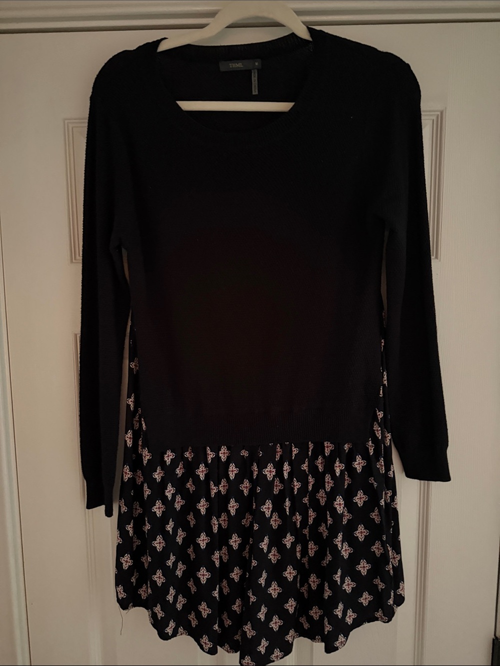 THML Black Long-Sleeve Knit Dress with Patterned Skirt